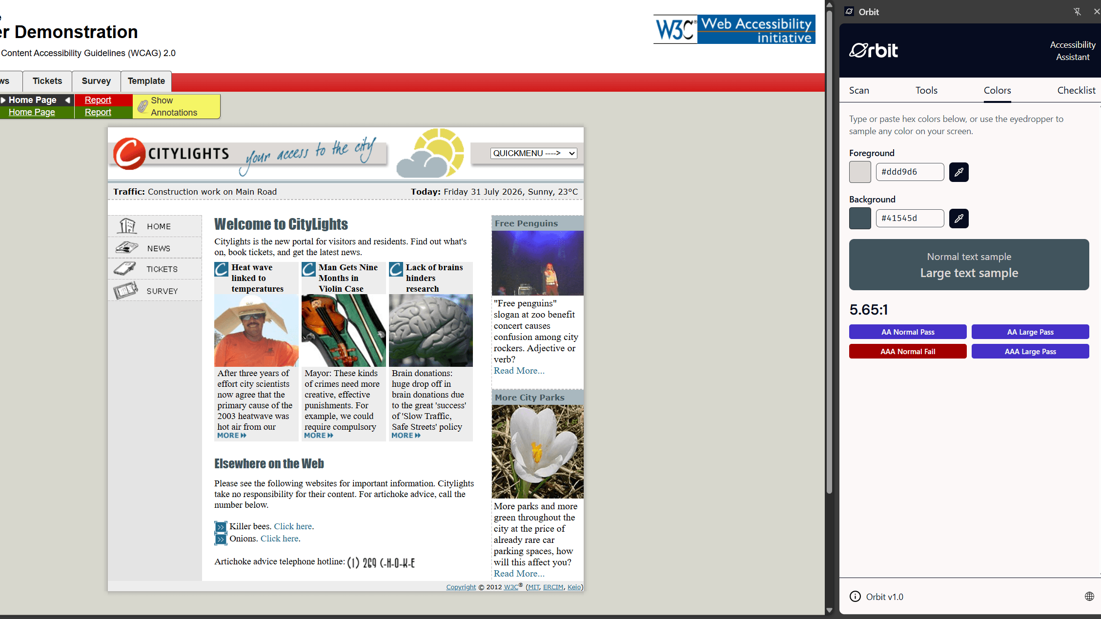 Orbit color contrast checker showing WCAG pass and fail results beside a webpage