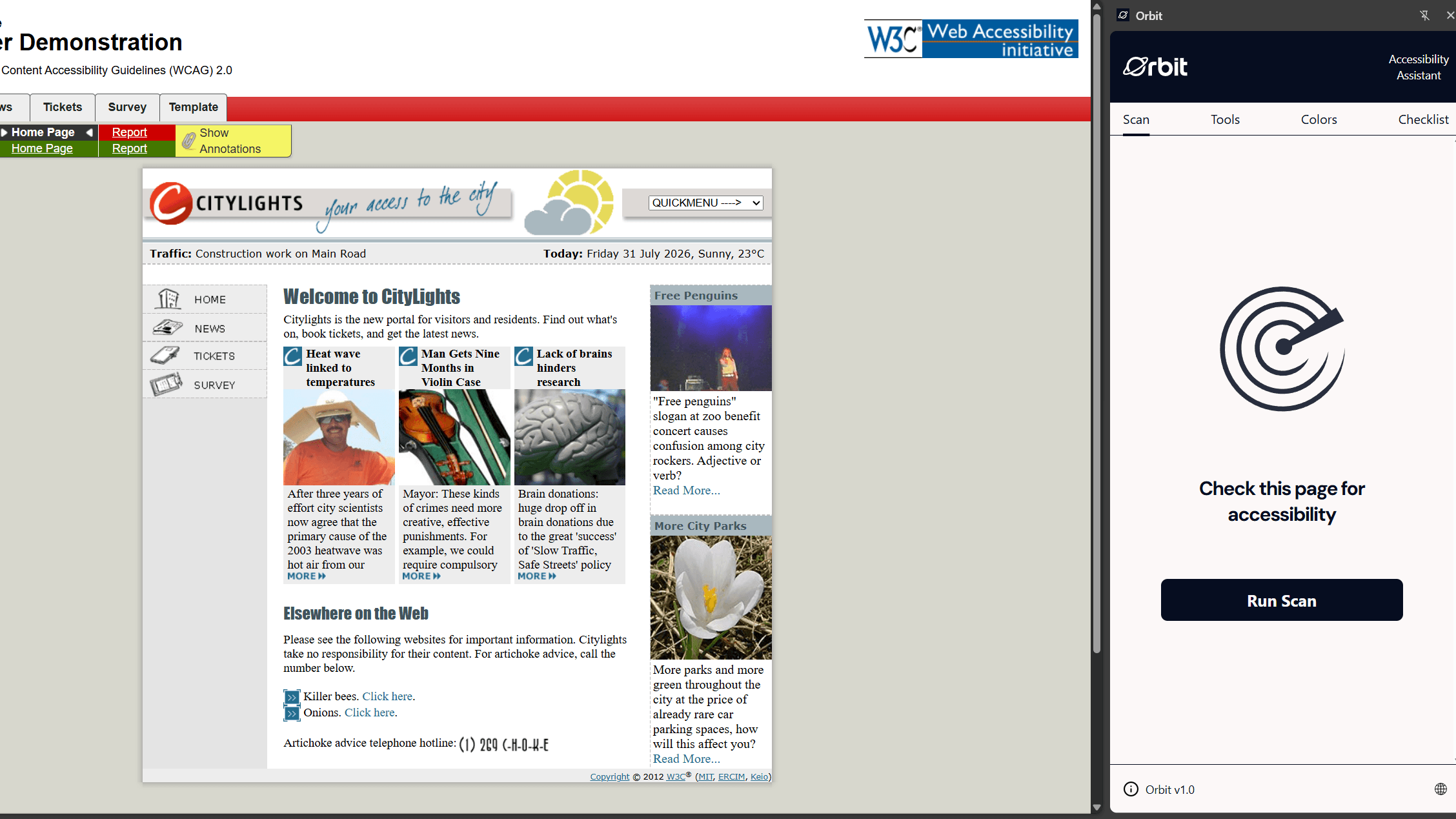 Orbit open beside a webpage and ready to run an accessibility scan