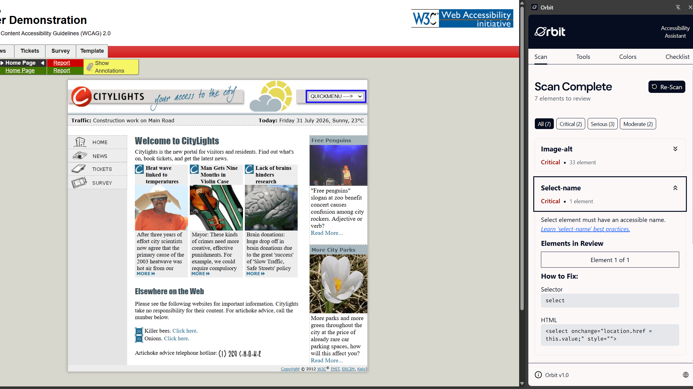 Orbit showing accessibility scan results beside the highlighted webpage