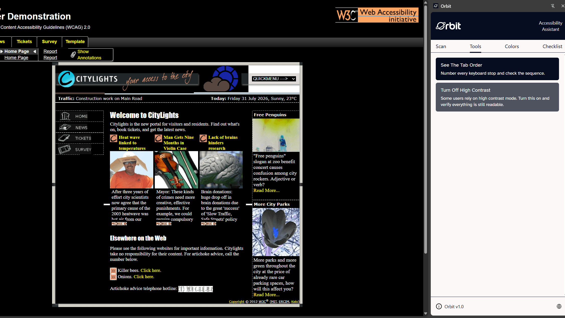 Orbit showing its keyboard tab order and high contrast testing tools beside a webpage