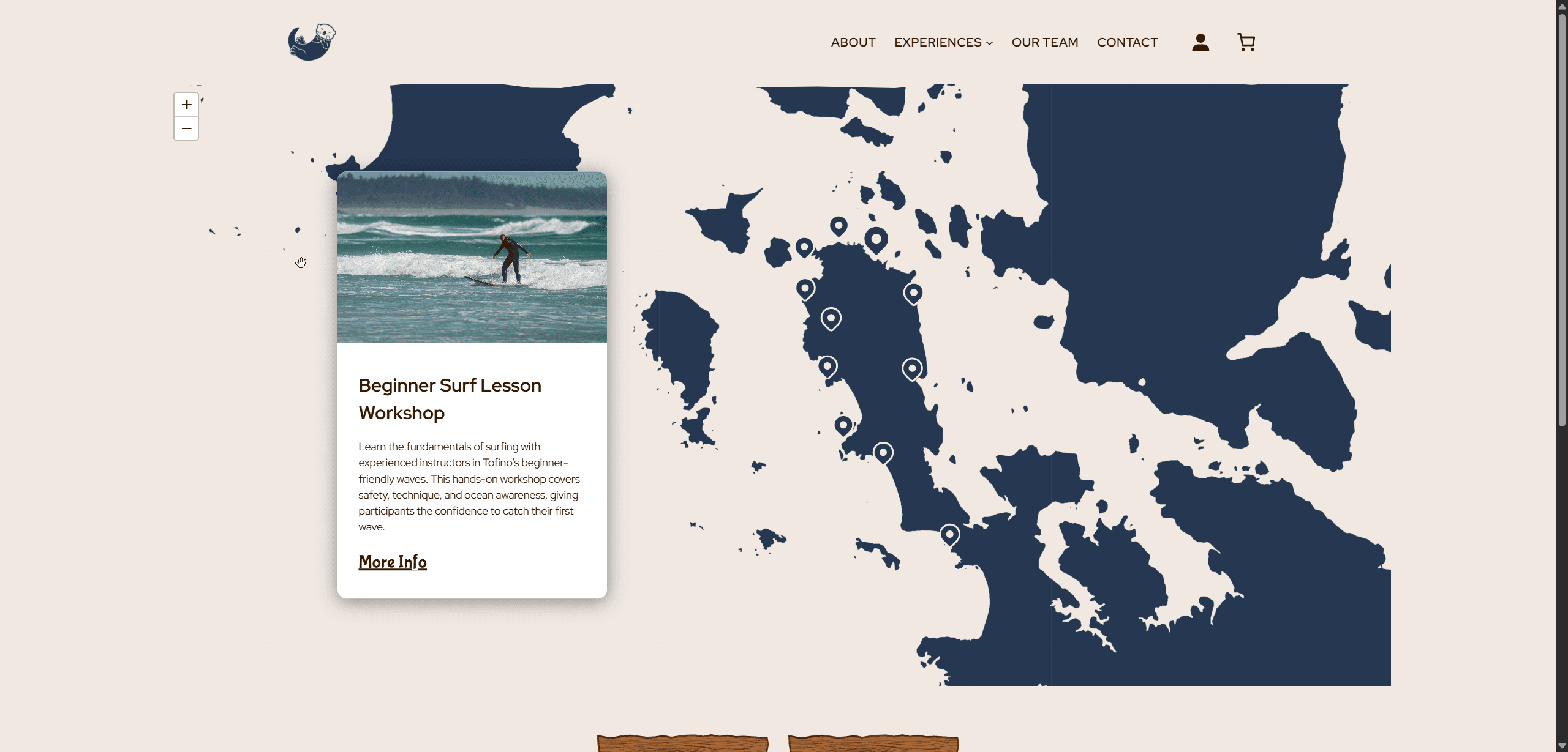 Custom Leaflet map with styled navy tiles and location pins for Tofino Time tours